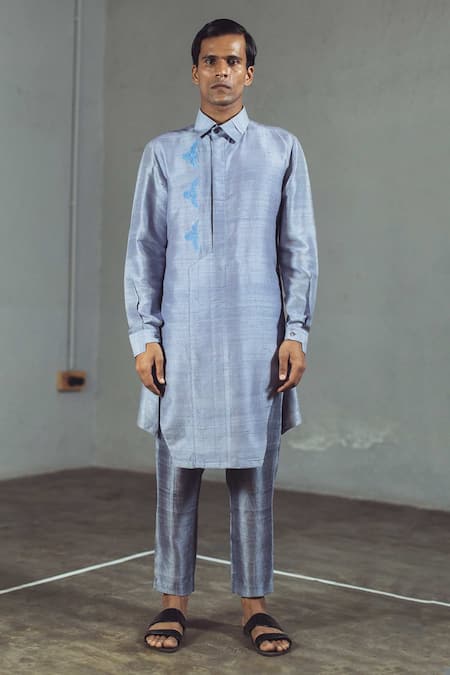 Mitesh Lodha_Grey Raw Silk Kurta_Online_at_Aza_Fashions