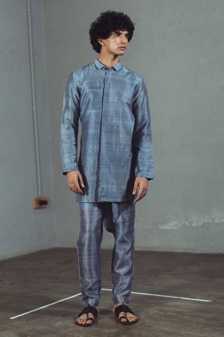 Mitesh Lodha_Grey Raw Silk Asymmetric Kurta_Online_at_Aza_Fashions