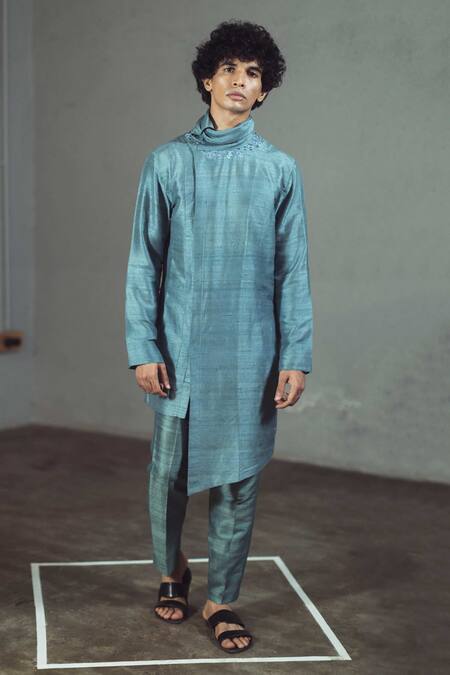 Mitesh Lodha_Green Raw Silk Asymmetric Kurta_Online_at_Aza_Fashions