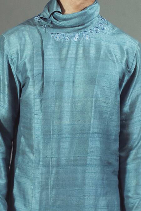 Buy_Mitesh Lodha_Green Raw Silk Asymmetric Kurta_Online_at_Aza_Fashions