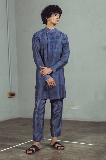 Mitesh Lodha_Grey Raw Silk Asymmetric Overlap Kurta_Online_at_Aza_Fashions