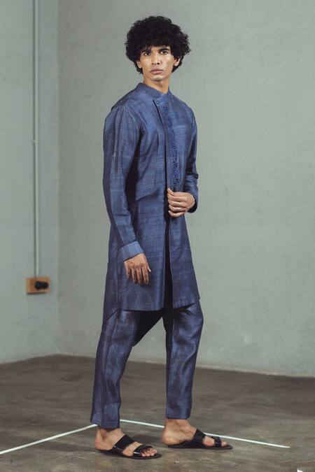 Buy_Mitesh Lodha_Grey Raw Silk Asymmetric Overlap Kurta_Online_at_Aza_Fashions