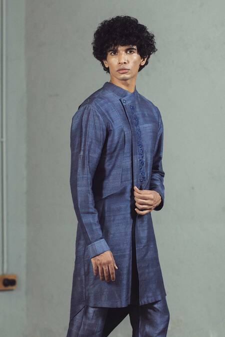 Shop_Mitesh Lodha_Grey Raw Silk Asymmetric Overlap Kurta_Online_at_Aza_Fashions