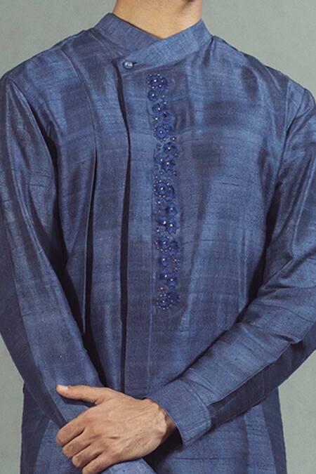 Mitesh Lodha_Grey Raw Silk Asymmetric Overlap Kurta_at_Aza_Fashions