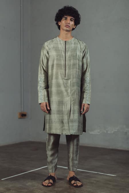 Mitesh Lodha_Grey Raw Silk Kurta_Online_at_Aza_Fashions