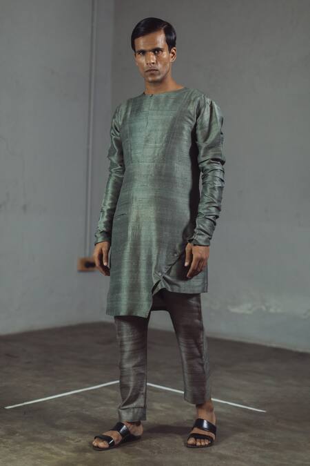 Mitesh Lodha_Grey Raw Silk Asymmetric Kurta_Online_at_Aza_Fashions