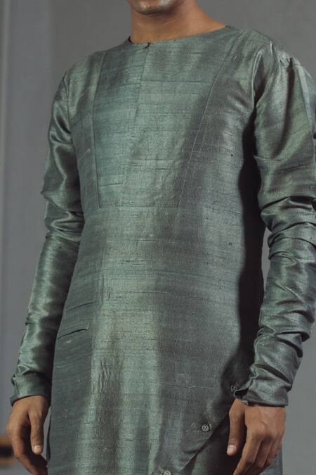 Buy_Mitesh Lodha_Grey Raw Silk Asymmetric Kurta_Online_at_Aza_Fashions
