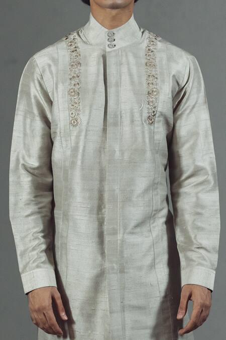 Buy_Mitesh Lodha_Grey Raw Silk Kurta_Online_at_Aza_Fashions
