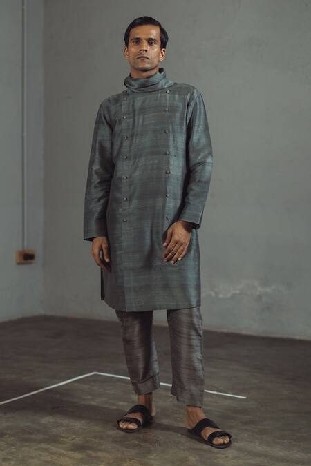 Mitesh Lodha_Grey Raw Silk Cowl Collar Kurta_Online_at_Aza_Fashions