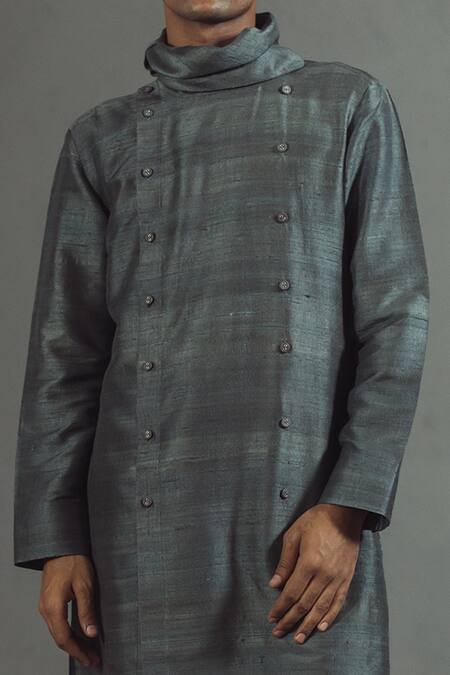 Buy_Mitesh Lodha_Grey Raw Silk Cowl Collar Kurta_Online_at_Aza_Fashions
