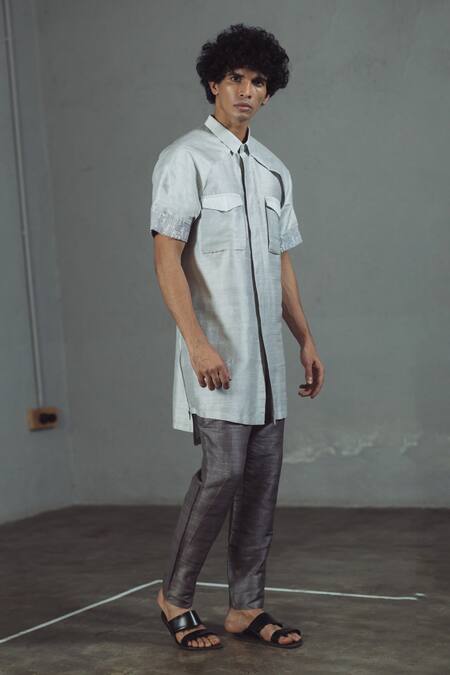 Mitesh Lodha_Grey Raw Silk Asymmetric Shirt_Online_at_Aza_Fashions