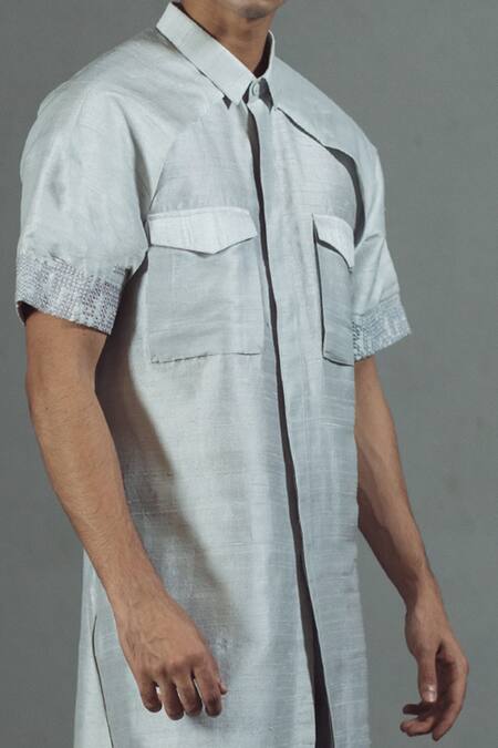 Buy_Mitesh Lodha_Grey Raw Silk Asymmetric Shirt_Online_at_Aza_Fashions