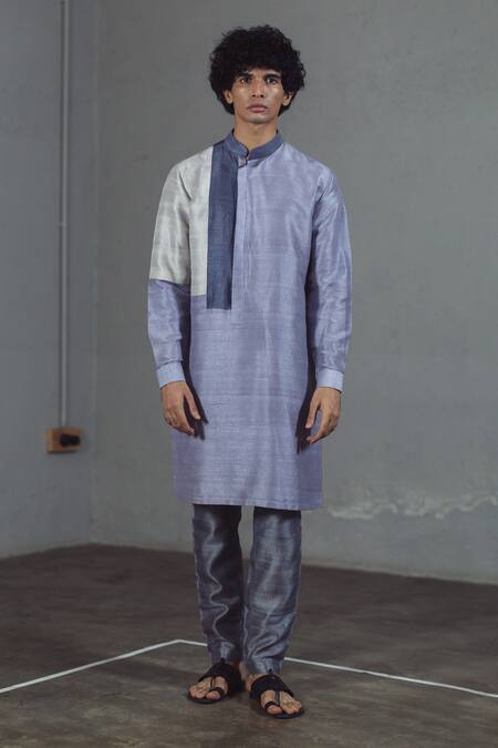 Mitesh Lodha_Grey Raw Silk Colorblock Kurta_Online_at_Aza_Fashions