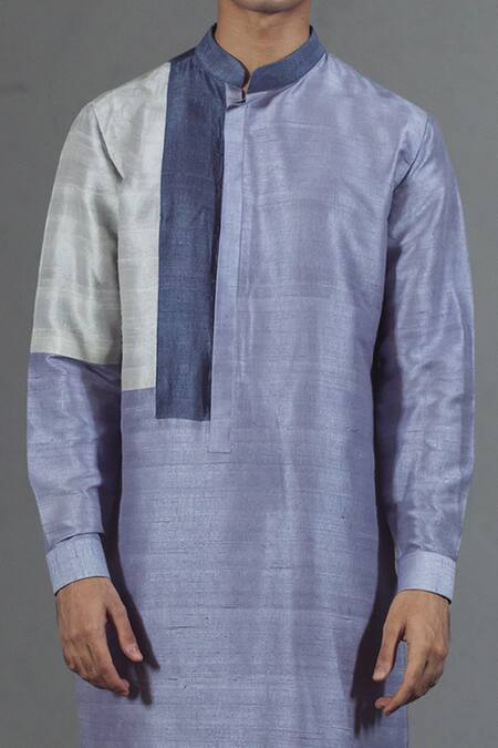 Buy_Mitesh Lodha_Grey Raw Silk Colorblock Kurta_Online_at_Aza_Fashions