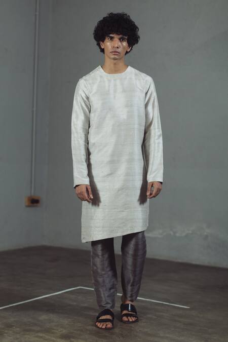 Mitesh Lodha_Grey Raw Silk Asymmetric Kurta_Online_at_Aza_Fashions