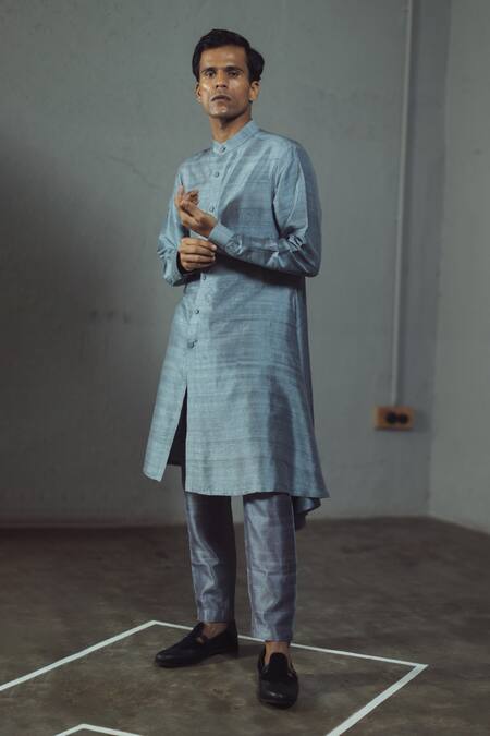 Mitesh Lodha_Grey Raw Silk Draped Kurta_Online_at_Aza_Fashions