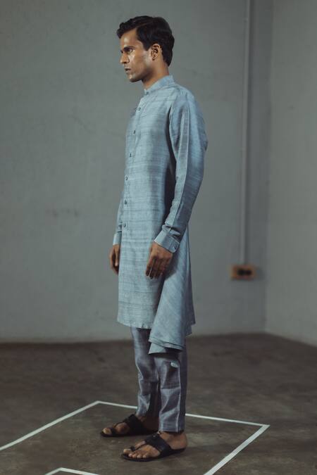 Shop_Mitesh Lodha_Grey Raw Silk Draped Kurta_at_Aza_Fashions