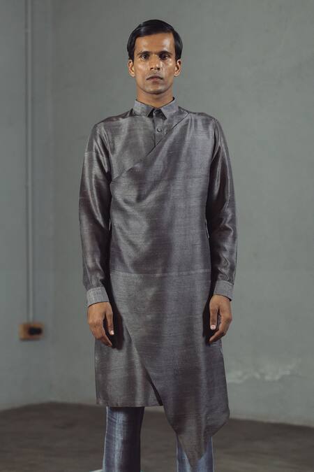 Mitesh Lodha_Grey Raw Silk Draped Kurta_Online_at_Aza_Fashions
