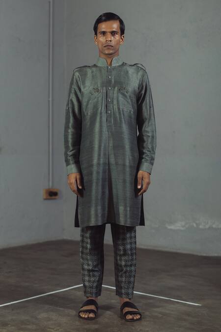 Mitesh Lodha_Grey Raw Silk Mandarin Collar Kurta_Online_at_Aza_Fashions