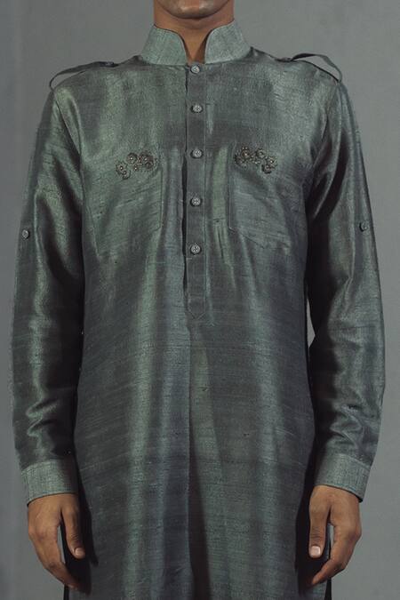 Buy Mitesh Lodha Grey Raw Silk Mandarin Collar Kurta Online at Aza Fashions Buy_Mitesh Lodha_Grey Raw Silk Mandarin Collar Kurta_Online_at_Aza_Fashions