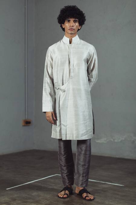 Mitesh Lodha_Grey Raw Silk Tie-up Kurta_Online_at_Aza_Fashions