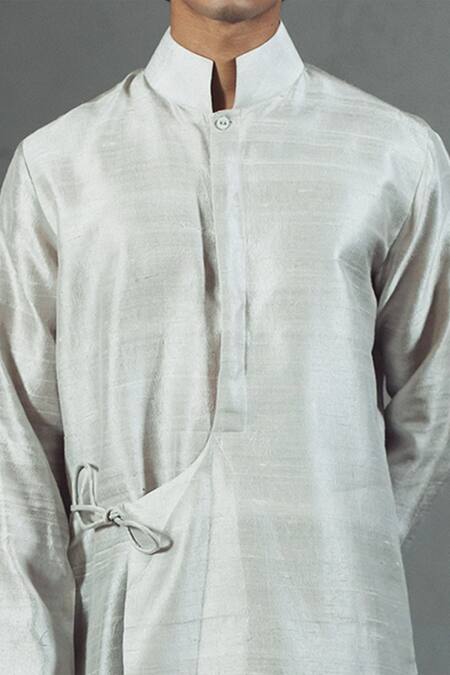 Buy_Mitesh Lodha_Grey Raw Silk Tie-up Kurta_Online_at_Aza_Fashions