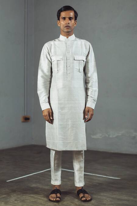 Mitesh Lodha_Grey Raw Silk Mandarin Collar Kurta_Online_at_Aza_Fashions