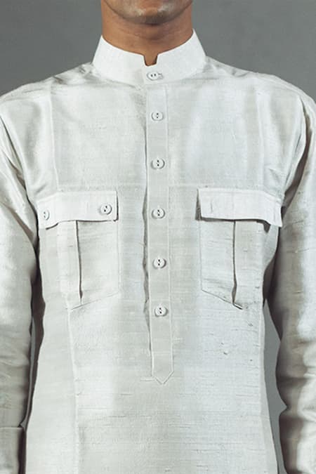 Buy_Mitesh Lodha_Grey Raw Silk Mandarin Collar Kurta_Online_at_Aza_Fashions