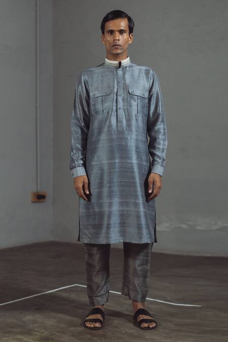 Mitesh Lodha_Grey Raw Silk Mandarin Collar Kurta_Online_at_Aza_Fashions