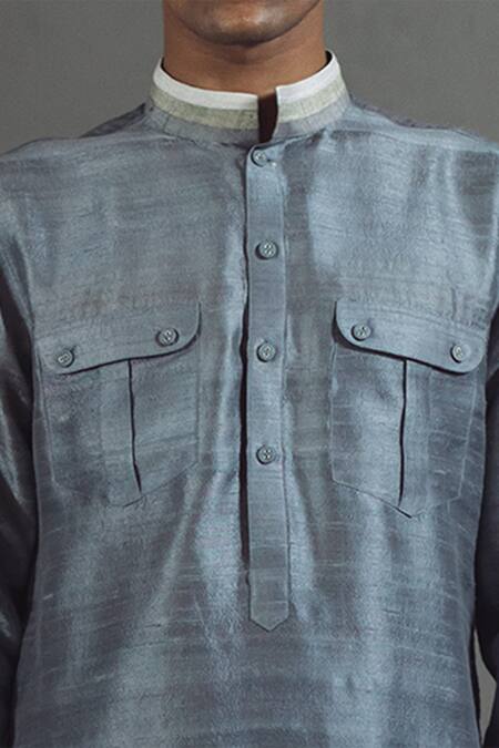 Buy Mitesh Lodha Grey Raw Silk Mandarin Collar Kurta Online at Aza Fashions Buy_Mitesh Lodha_Grey Raw Silk Mandarin Collar Kurta_Online_at_Aza_Fashions