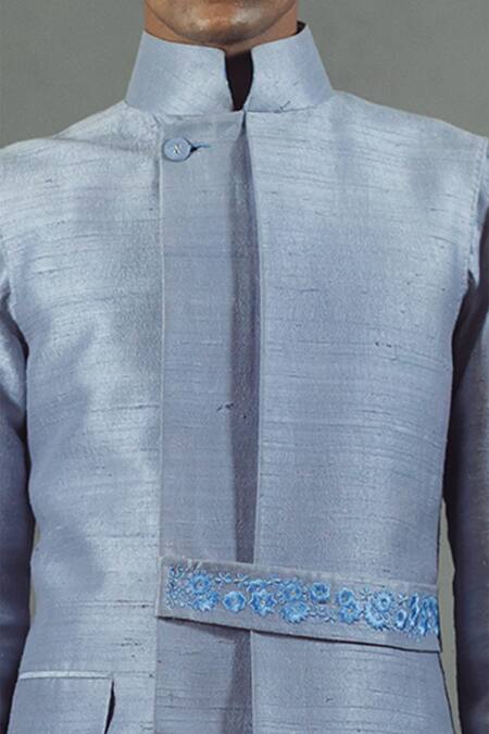 Buy_Mitesh Lodha_Grey Raw Silk Asymmetric Nehru Jacket_Online_at_Aza_Fashions