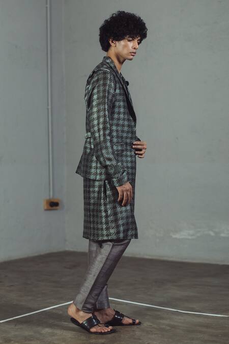 Shop_Mitesh Lodha_Green Raw Silk Printed Nehru Jacket_at_Aza_Fashions