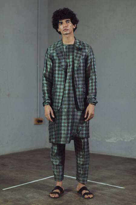 Mitesh Lodha_Green Raw Silk Printed Nehru Jacket_Online_at_Aza_Fashions