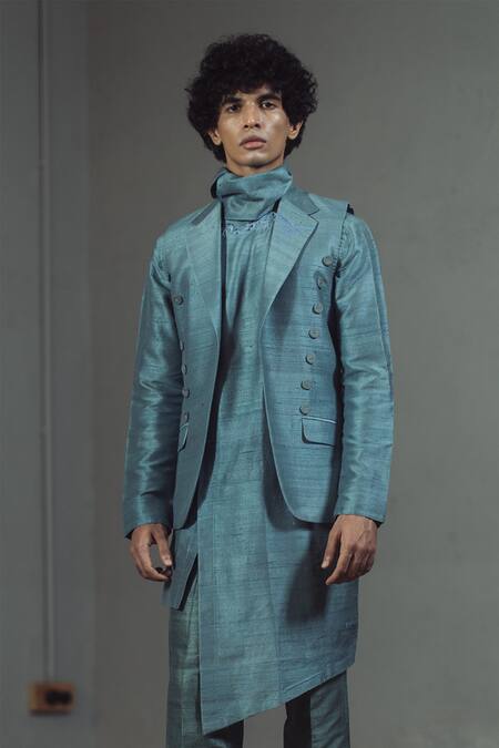 Mitesh Lodha_Grey Raw Silk Front-open Nehru Jacket_Online_at_Aza_Fashions