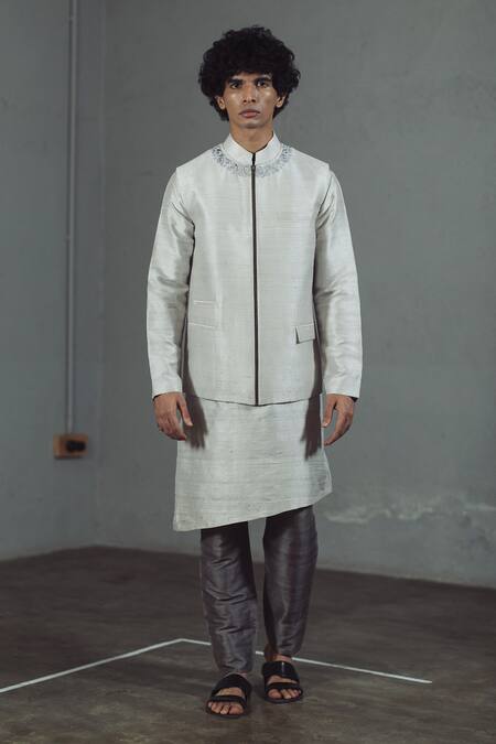 Mitesh Lodha_Grey Raw Silk Front-zipper Nehru Jacket_Online_at_Aza_Fashions