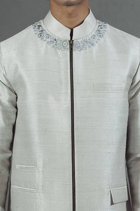 Buy Mitesh Lodha Grey Raw Silk Front-zipper Nehru Jacket Online at Aza Fashions Buy_Mitesh Lodha_Grey Raw Silk Front-zipper Nehru Jacket_Online_at_Aza_Fashions