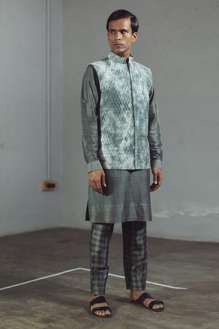 Mitesh Lodha_Grey Raw Silk Embroidered Nehru Jacket_Online_at_Aza_Fashions