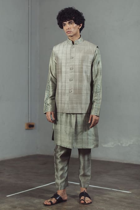 Mitesh Lodha_Grey Raw Silk Pintuck Nehru Jacket_Online_at_Aza_Fashions
