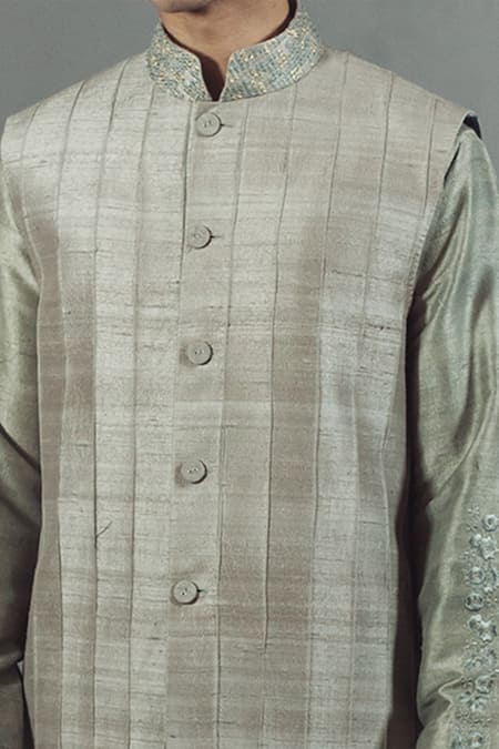 Buy_Mitesh Lodha_Grey Raw Silk Pintuck Nehru Jacket_Online_at_Aza_Fashions
