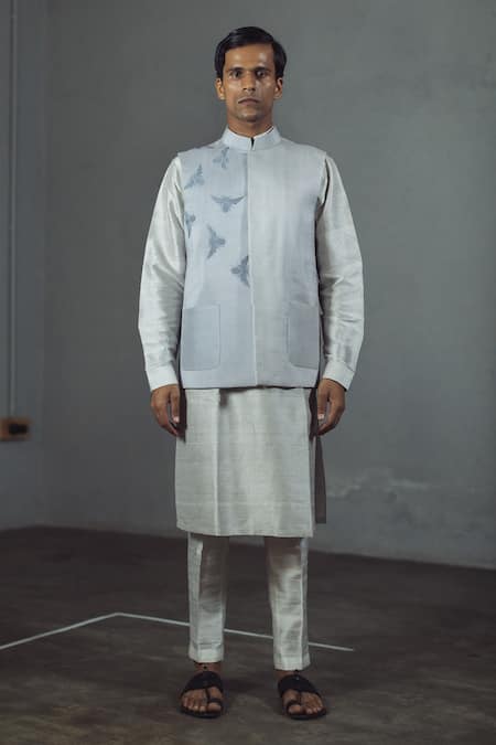 Mitesh Lodha_White Raw Silk Embroidered Nehru Jacket_Online_at_Aza_Fashions
