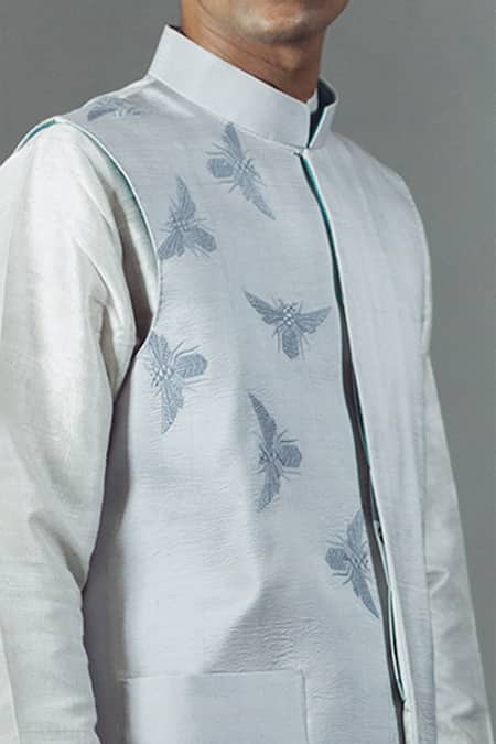 Buy_Mitesh Lodha_White Raw Silk Embroidered Nehru Jacket_Online_at_Aza_Fashions
