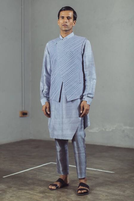 Mitesh Lodha_Grey Raw Silk Textured Nehru Jacket_Online_at_Aza_Fashions