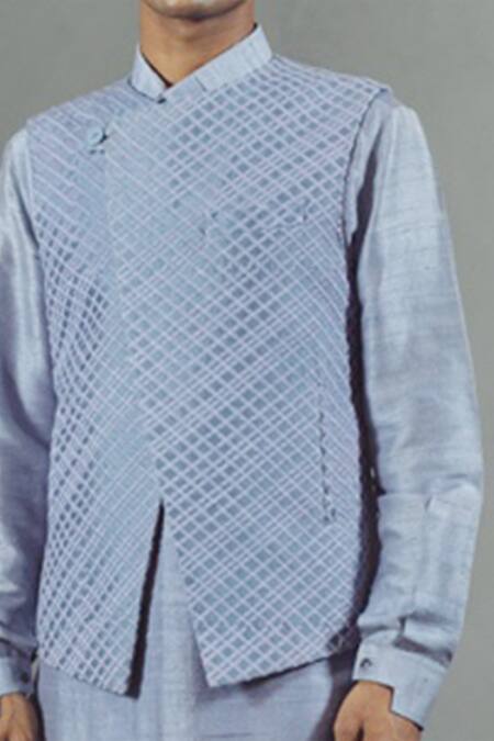 Buy_Mitesh Lodha_Grey Raw Silk Textured Nehru Jacket_Online_at_Aza_Fashions
