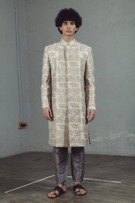 Mitesh Lodha_Grey Raw Silk Embroidered Sherwani_Online_at_Aza_Fashions