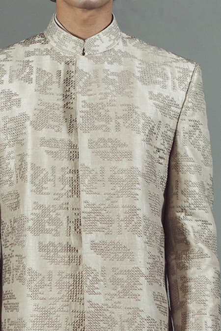 Buy_Mitesh Lodha_Grey Raw Silk Embroidered Sherwani_Online_at_Aza_Fashions