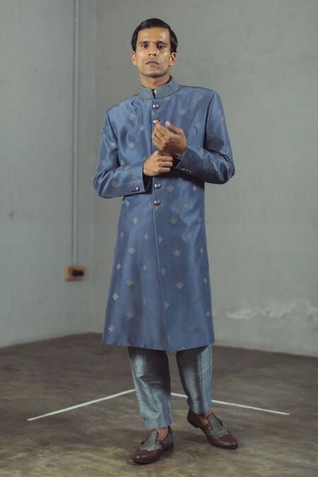 Mitesh Lodha_Grey Raw Silk Embroidered Sherwani_Online_at_Aza_Fashions