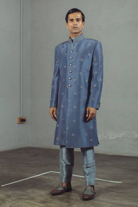 Buy_Mitesh Lodha_Grey Raw Silk Embroidered Sherwani_Online_at_Aza_Fashions