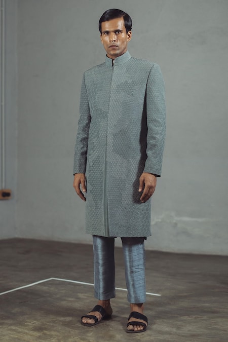 Mitesh Lodha_Grey Raw Silk Embroidered Sherwani_Online_at_Aza_Fashions