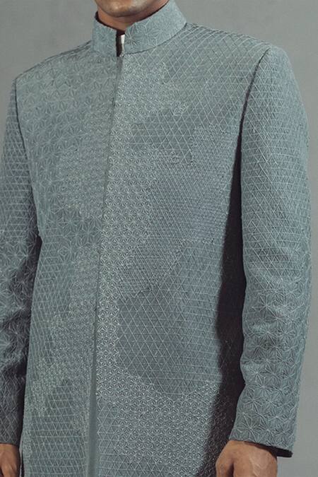 Buy_Mitesh Lodha_Grey Raw Silk Embroidered Sherwani_Online_at_Aza_Fashions