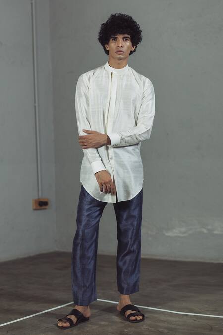 Mitesh Lodha_Grey Raw Silk Shirt_Online_at_Aza_Fashions